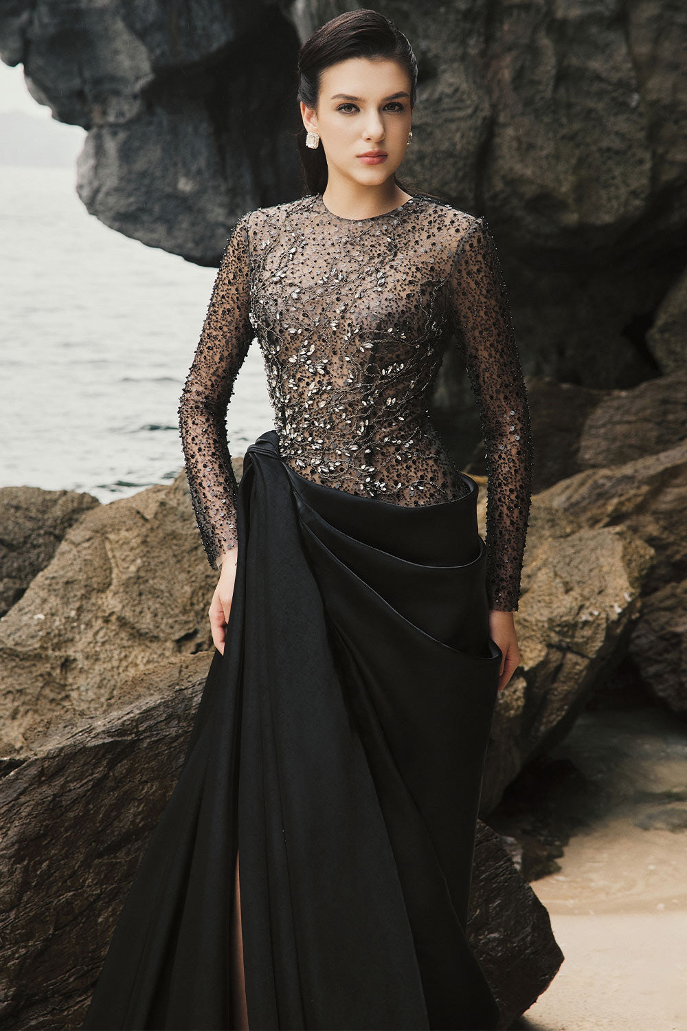 Myra Slit See-Through Taffeta Extra Long Length Dress