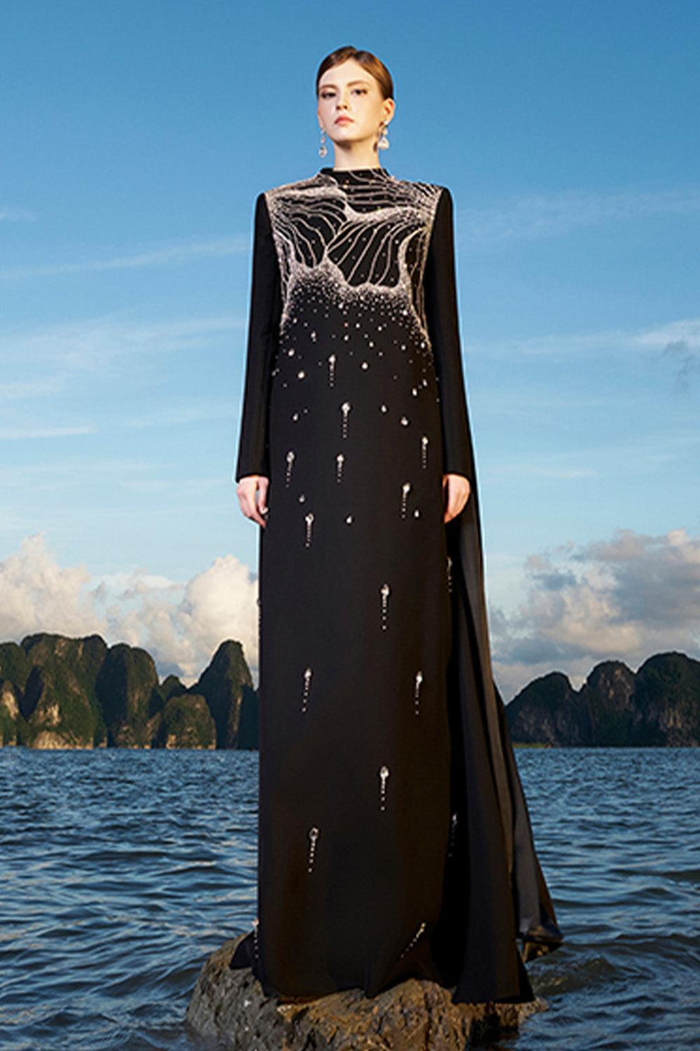 Jensen Straight Extended Flap Velvet Satin Floor Length Dress