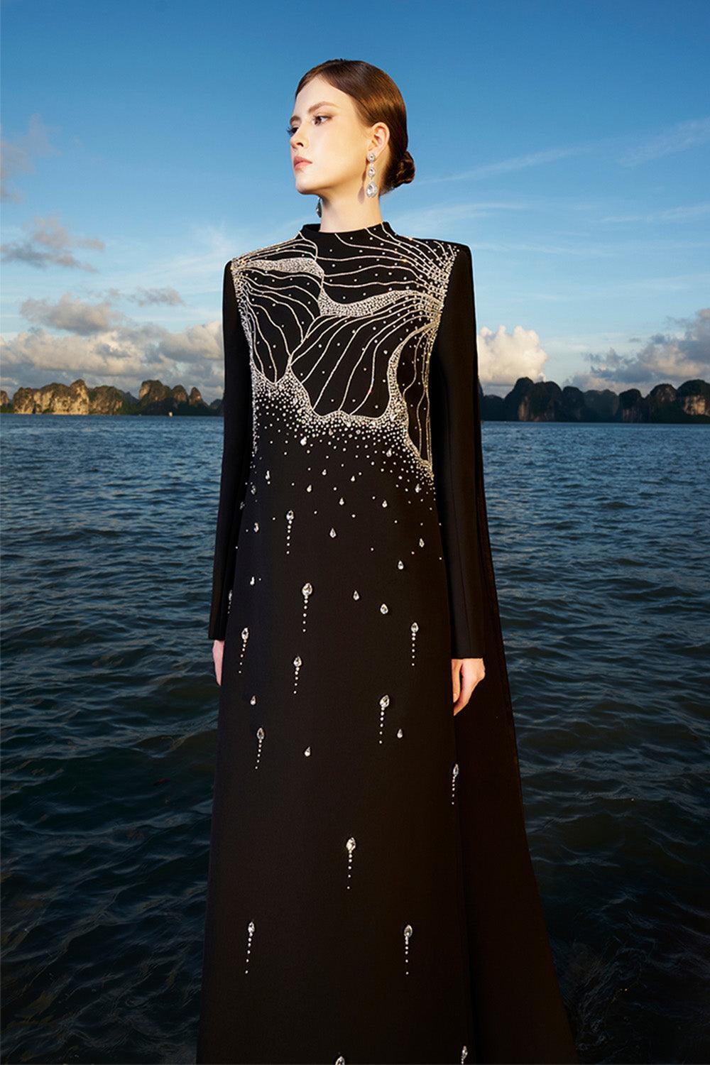 Jensen Straight Extended Flap Velvet Satin Floor Length Dress