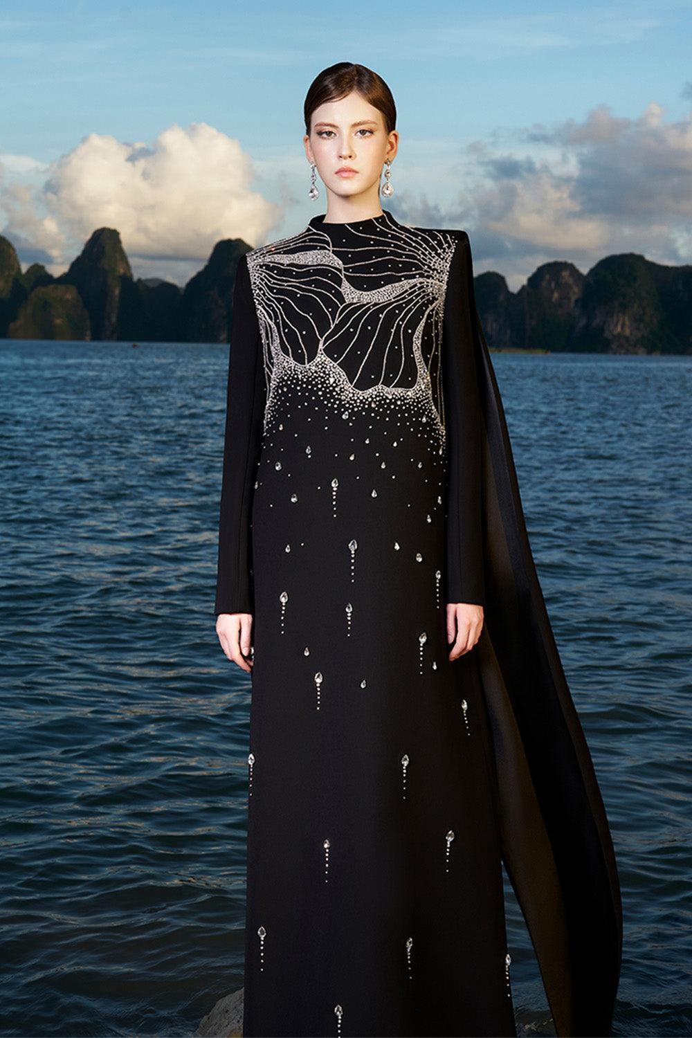 Jensen Straight Extended Flap Velvet Satin Floor Length Dress