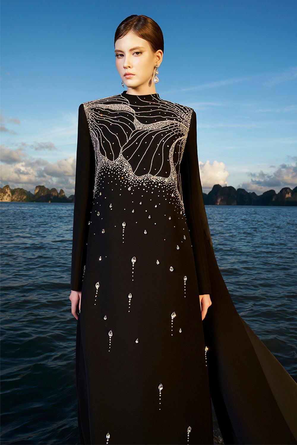 Jensen Straight Extended Flap Velvet Satin Floor Length Dress