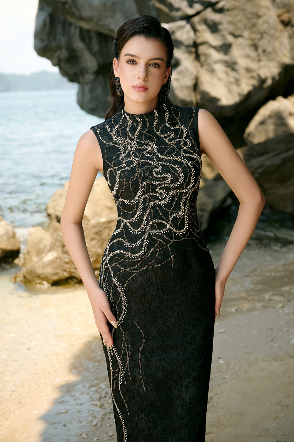 Marlee Pencil Mock Neck Brocade Floor Length Dress