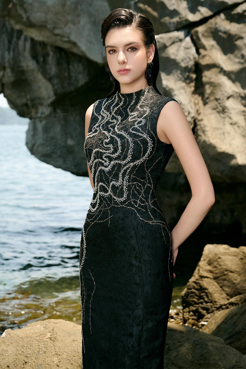 Marlee Pencil Mock Neck Brocade Floor Length Dress