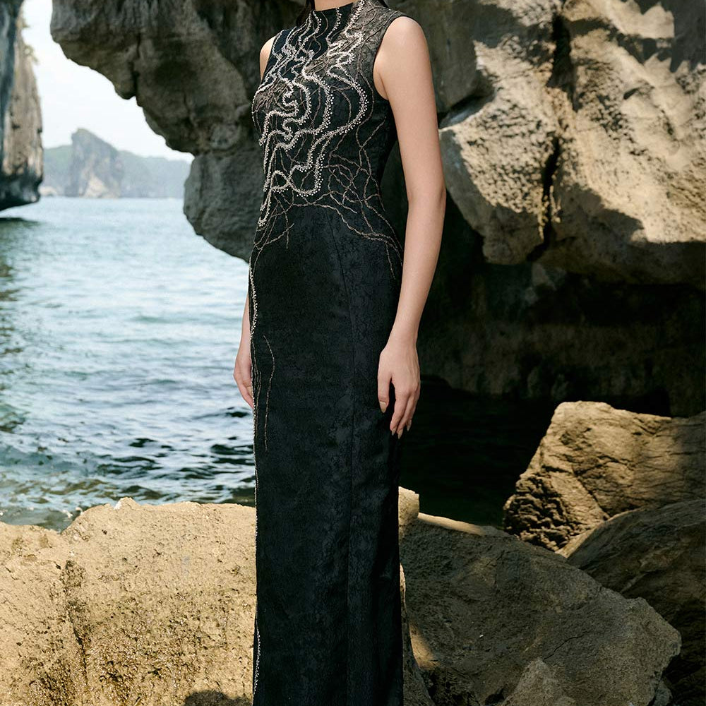 Marlee Pencil Mock Neck Brocade Floor Length Dress