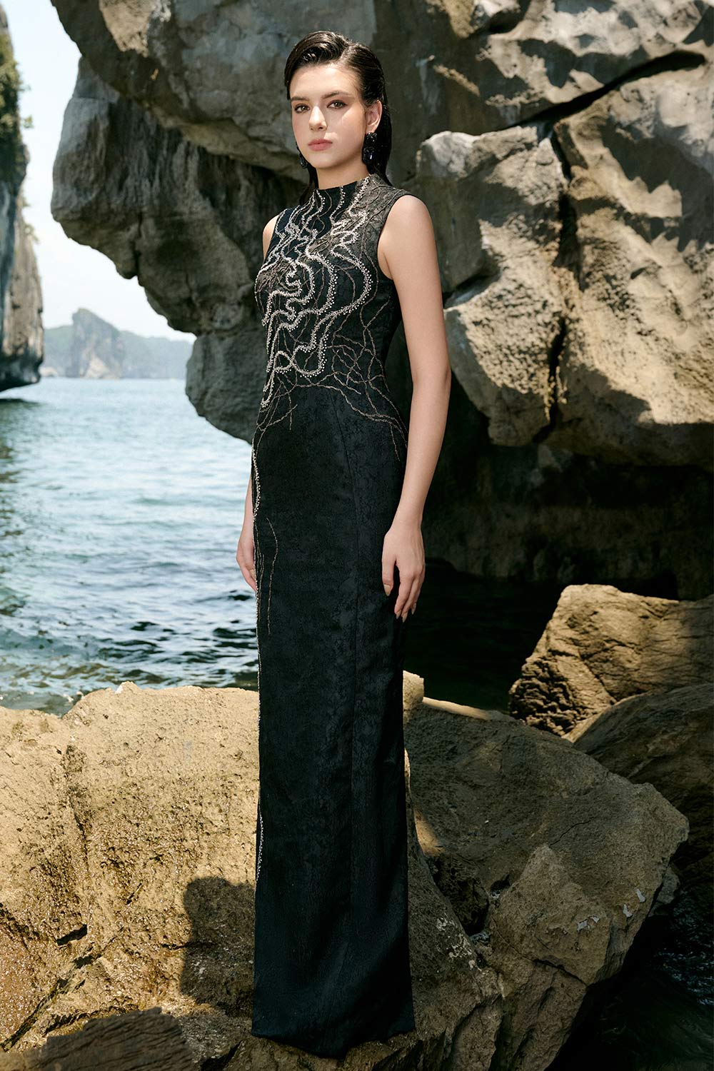 Marlee Pencil Mock Neck Brocade Floor Length Dress