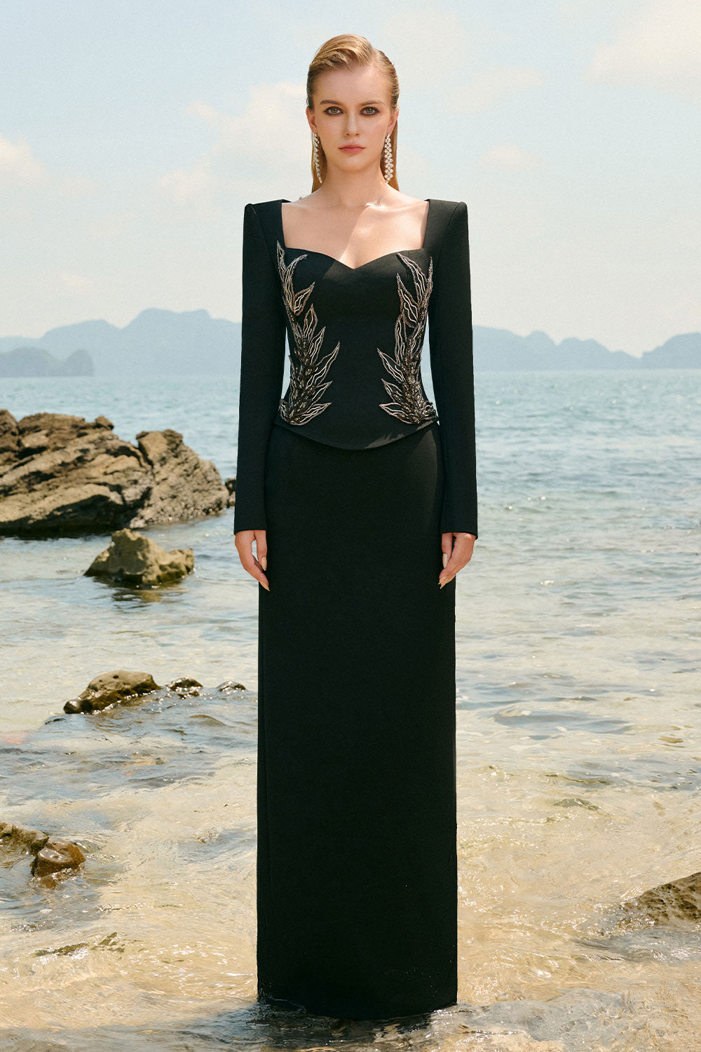Leslie Sheath Embroidered Velvet Satin Floor Length Dress