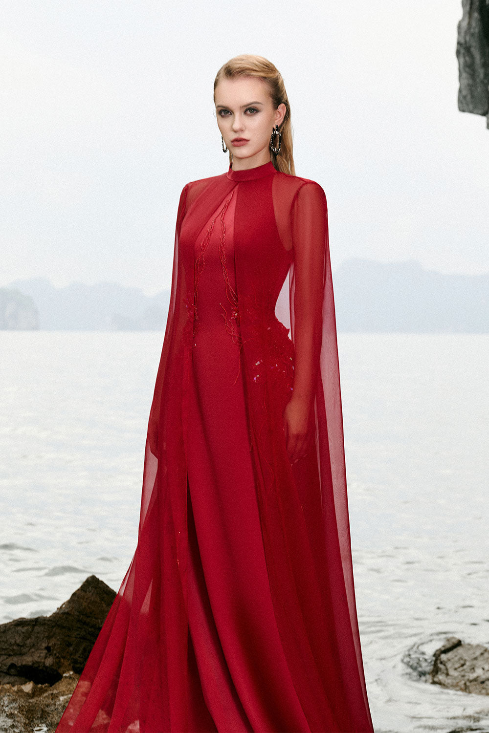 Veda A-line Cape Shoulder Silk Floor Length Dress