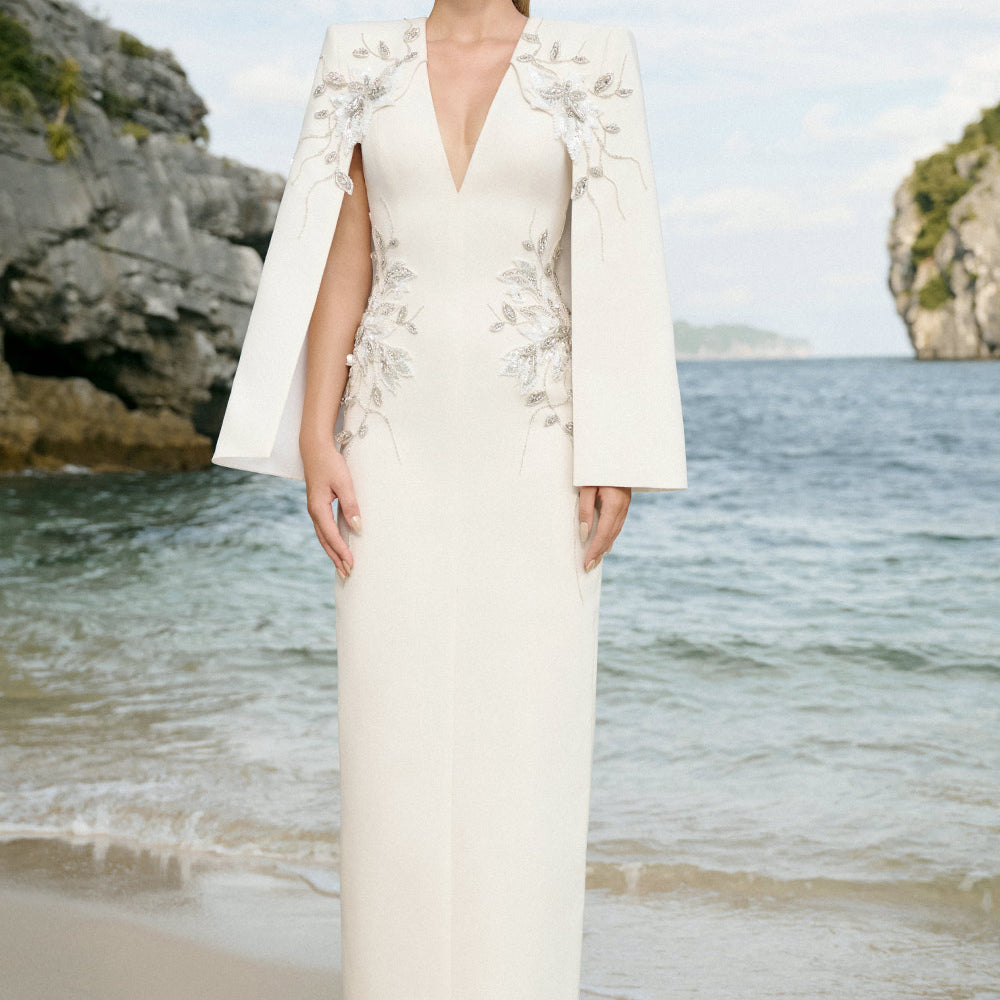 Jessica Sheath Cape Sleeved Velvet Satin Ankle Length Dress