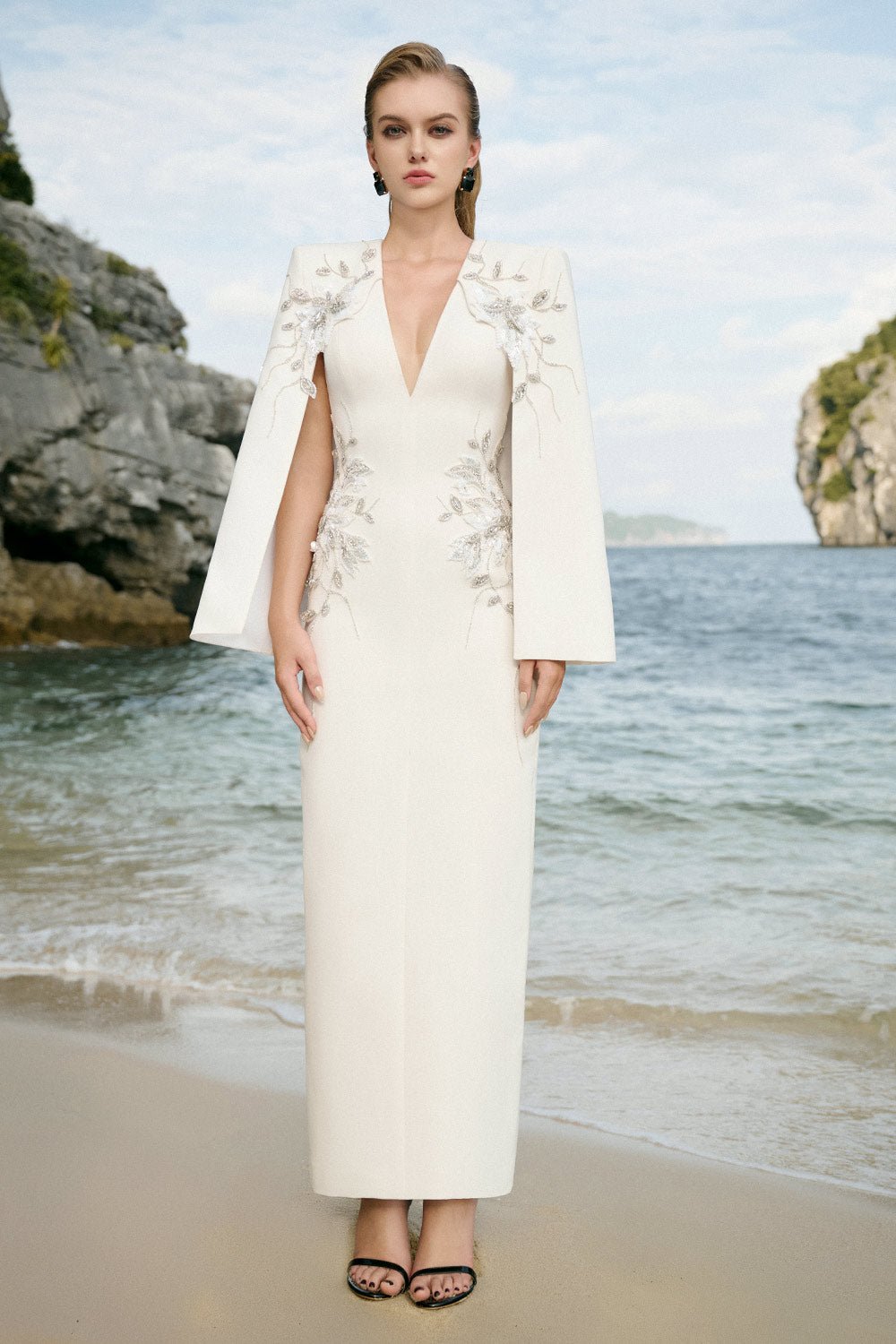 Jessica Sheath Cape Sleeved Velvet Satin Ankle Length Dress