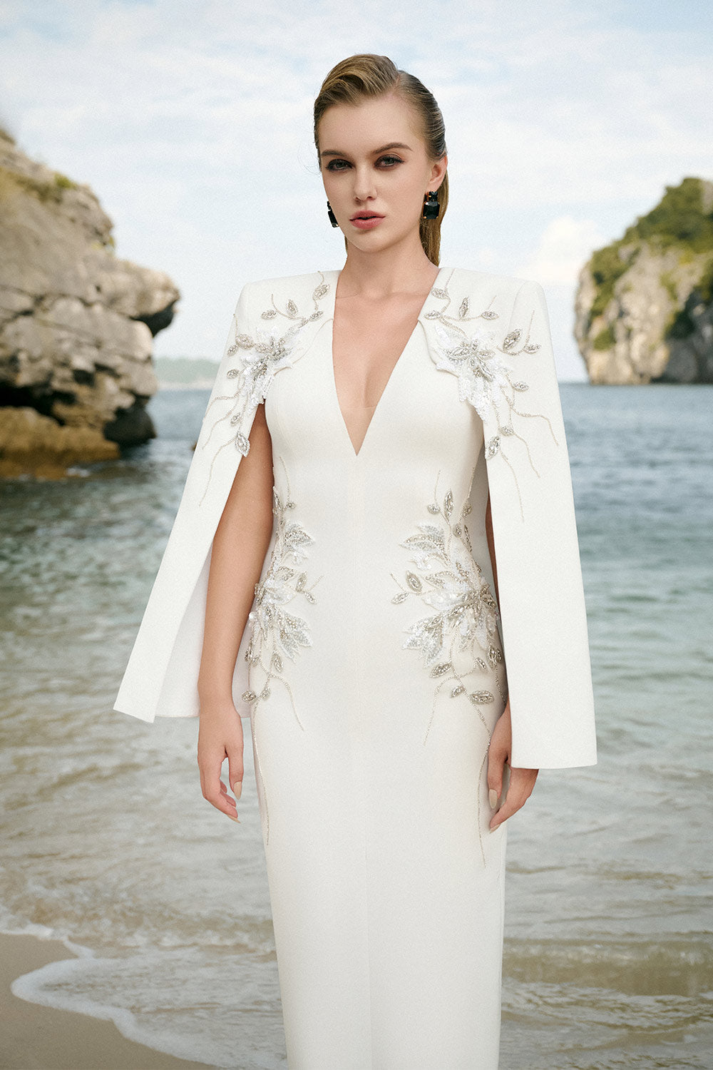 Jessica Sheath Cape Sleeved Velvet Satin Ankle Length Dress