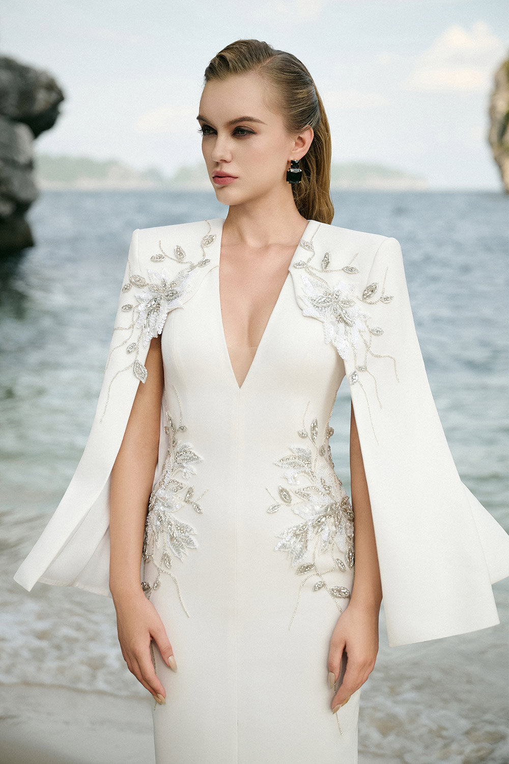 Jessica Sheath Cape Sleeved Velvet Satin Ankle Length Dress