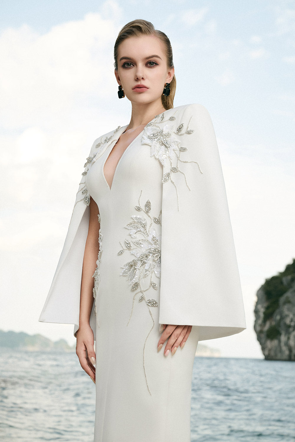 Jessica Sheath Cape Sleeved Velvet Satin Ankle Length Dress