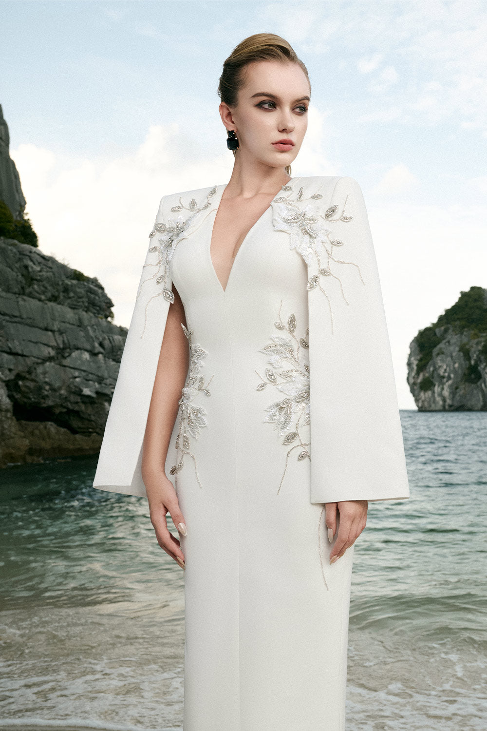 Jessica Sheath Cape Sleeved Velvet Satin Ankle Length Dress