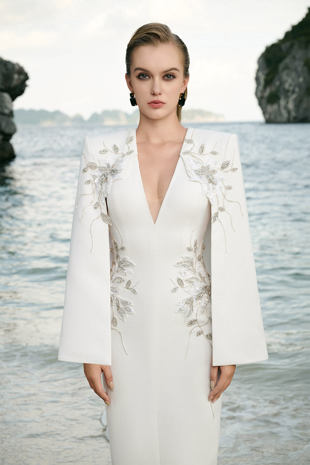 Jessica Sheath Cape Sleeved Velvet Satin Ankle Length Dress