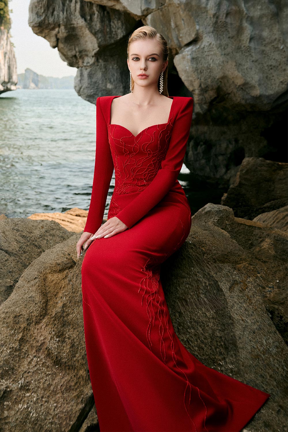 Johanna Sheath Bead Velvet Satin Floor Length Dress