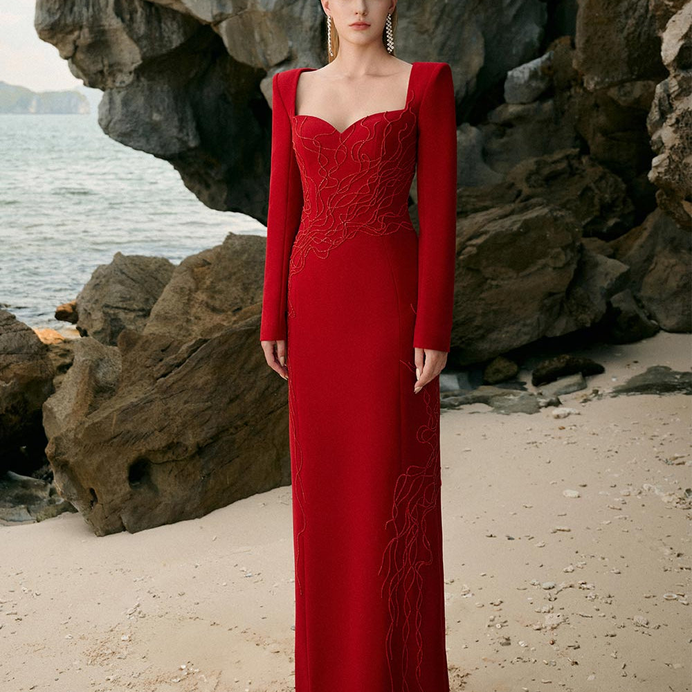 Johanna Sheath Bead Velvet Satin Floor Length Dress