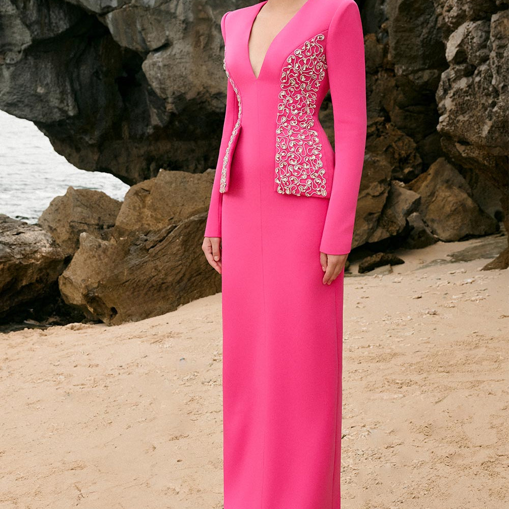 Aileen Peplum Plunge Neck Velvet Satin Floor Length Dress