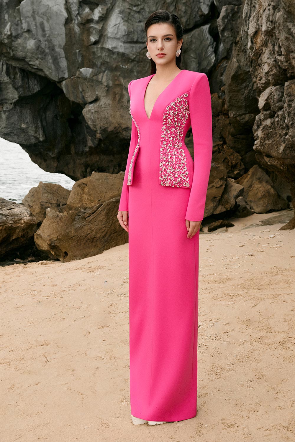 Aileen Peplum Plunge Neck Velvet Satin Floor Length Dress