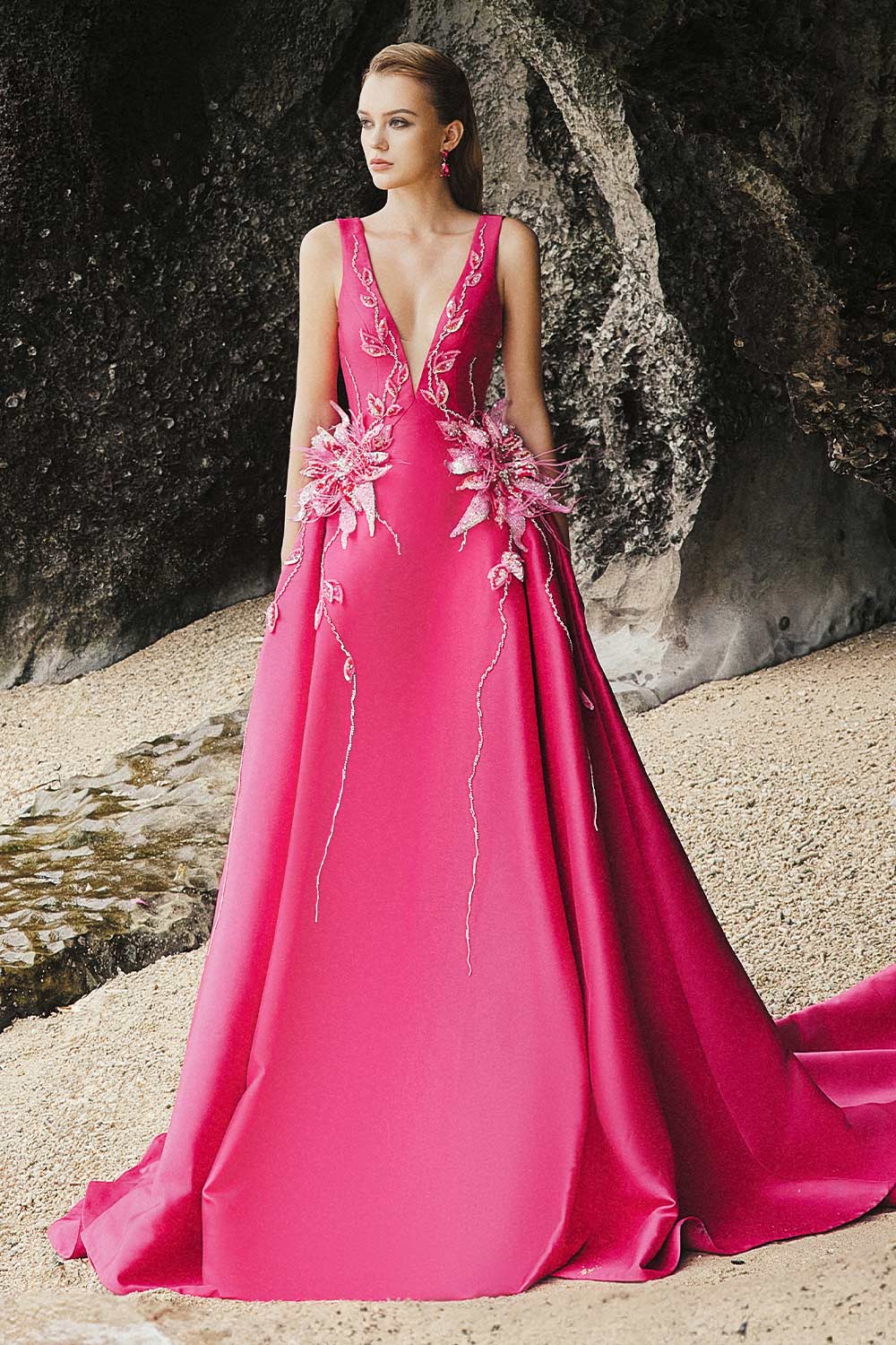 Rose Ball Gown Plunge Neck Taffeta Extra Long Length Dress