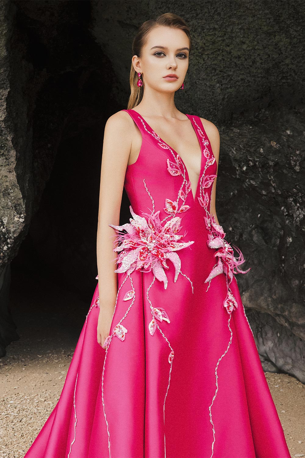 Rose Ball Gown Plunge Neck Taffeta Extra Long Length Dress