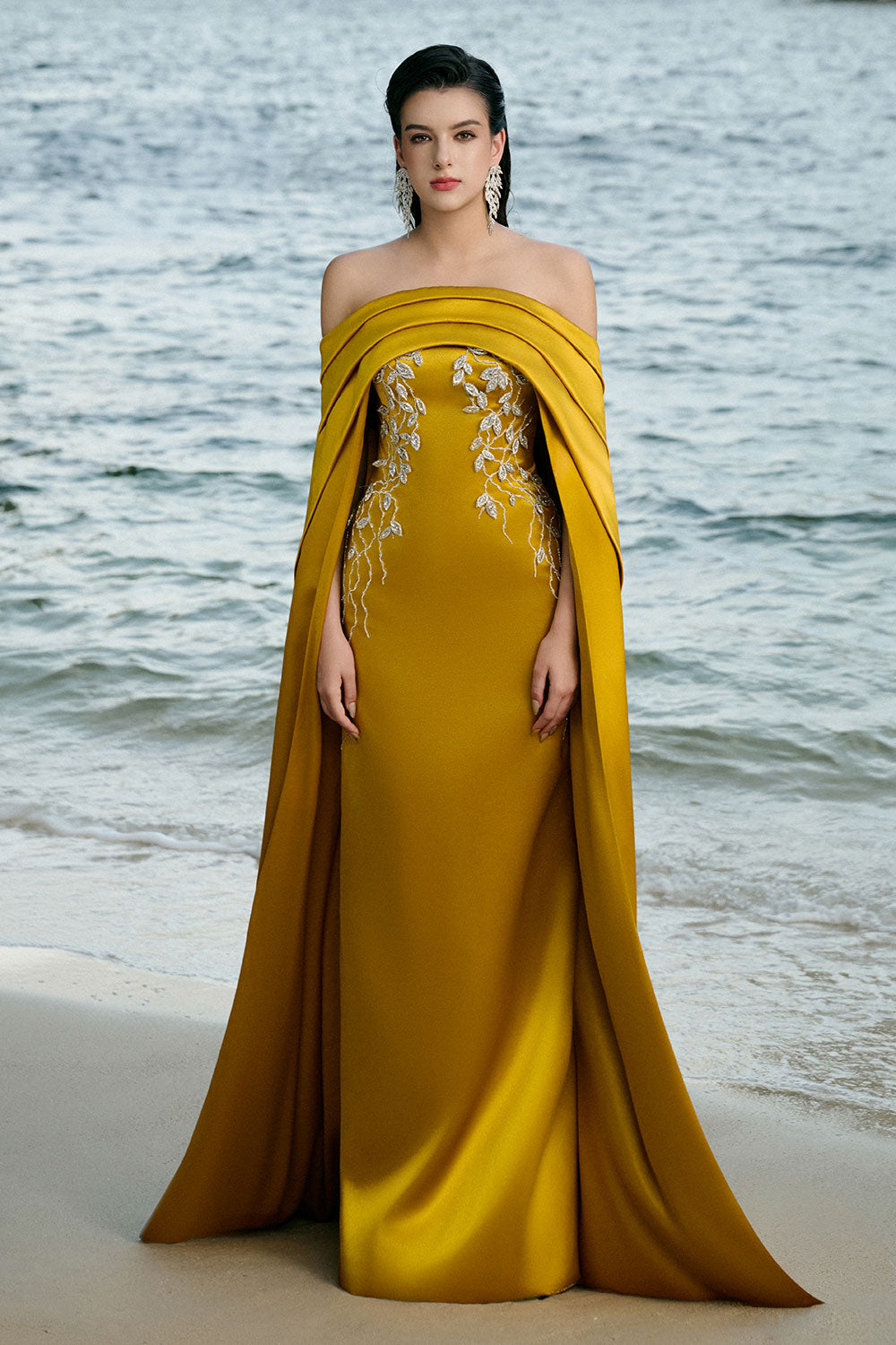 Juliet Cape Off-Shoulder Duchess Satin Floor Length Dress