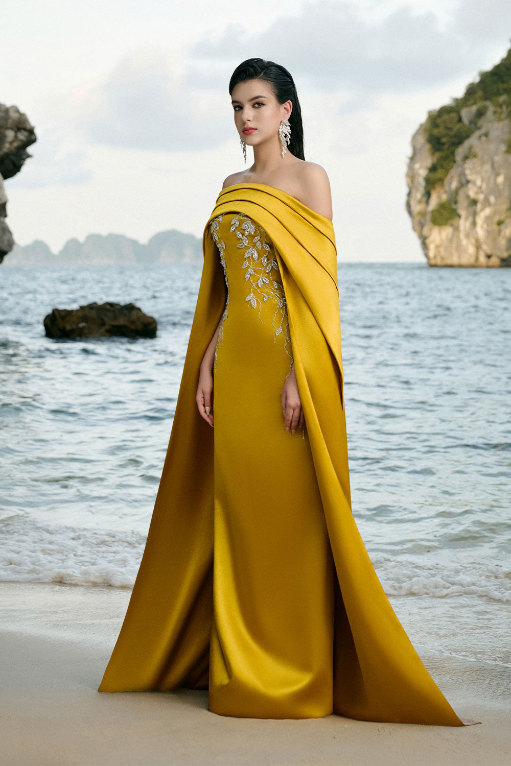 Juliet Cape Off-Shoulder Duchess Satin Floor Length Dress