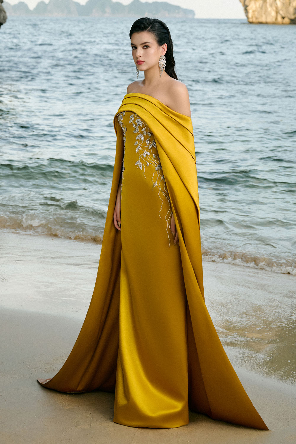 Juliet Cape Off-Shoulder Duchess Satin Floor Length Dress