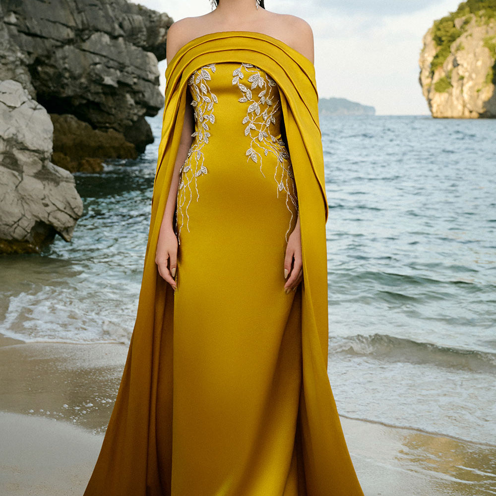 Juliet Cape Off-Shoulder Duchess Satin Floor Length Dress