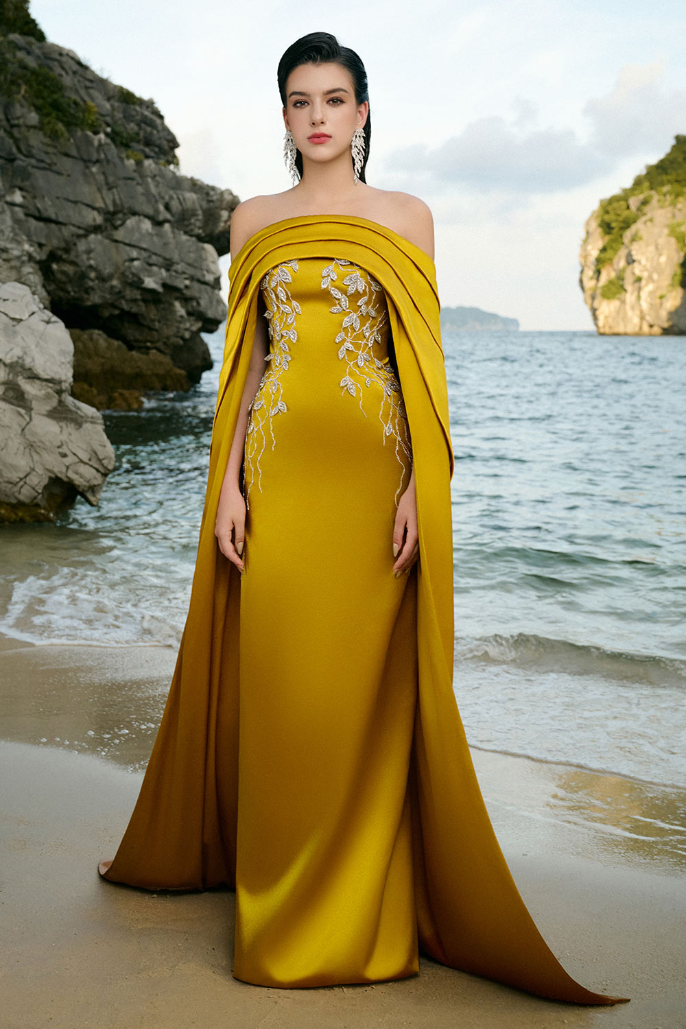 Juliet Cape Off-Shoulder Duchess Satin Floor Length Dress