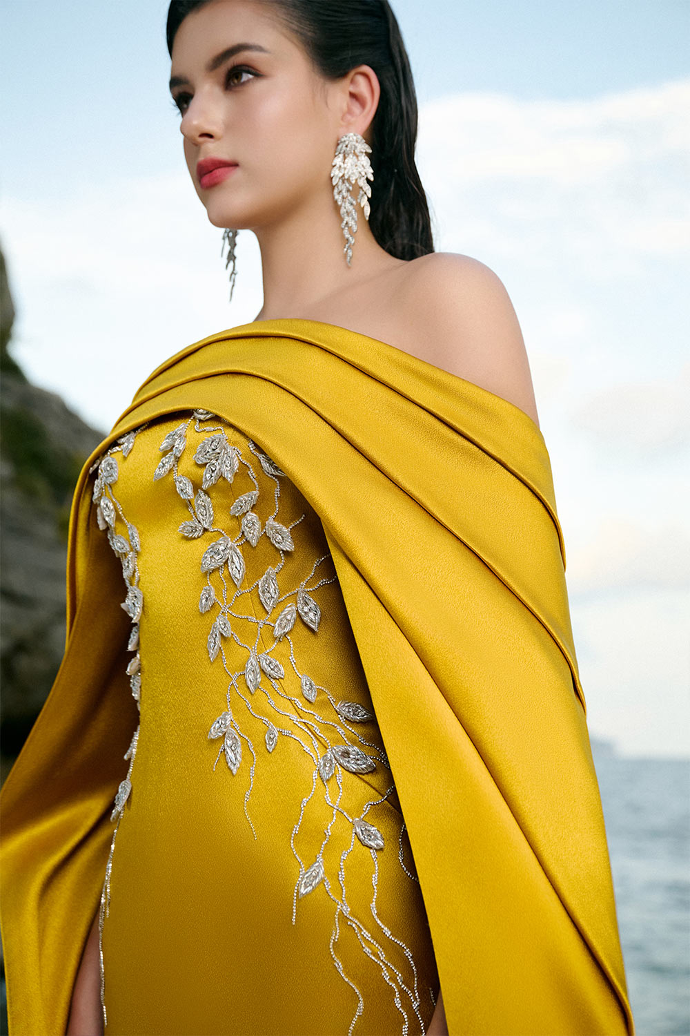 Juliet Cape Off-Shoulder Duchess Satin Floor Length Dress