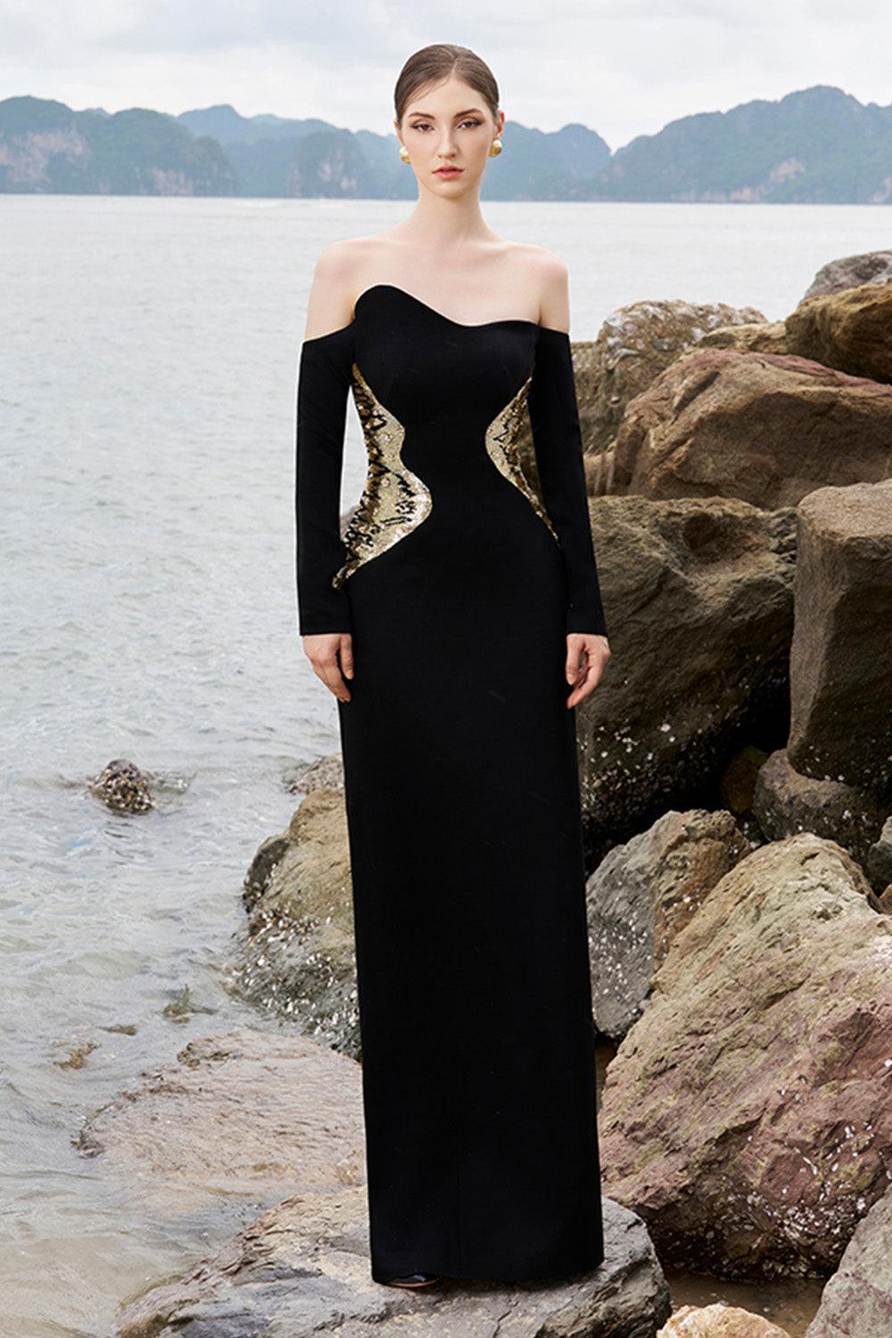 Hughes Sheath Curved Neck Crepe Floor Length Dress