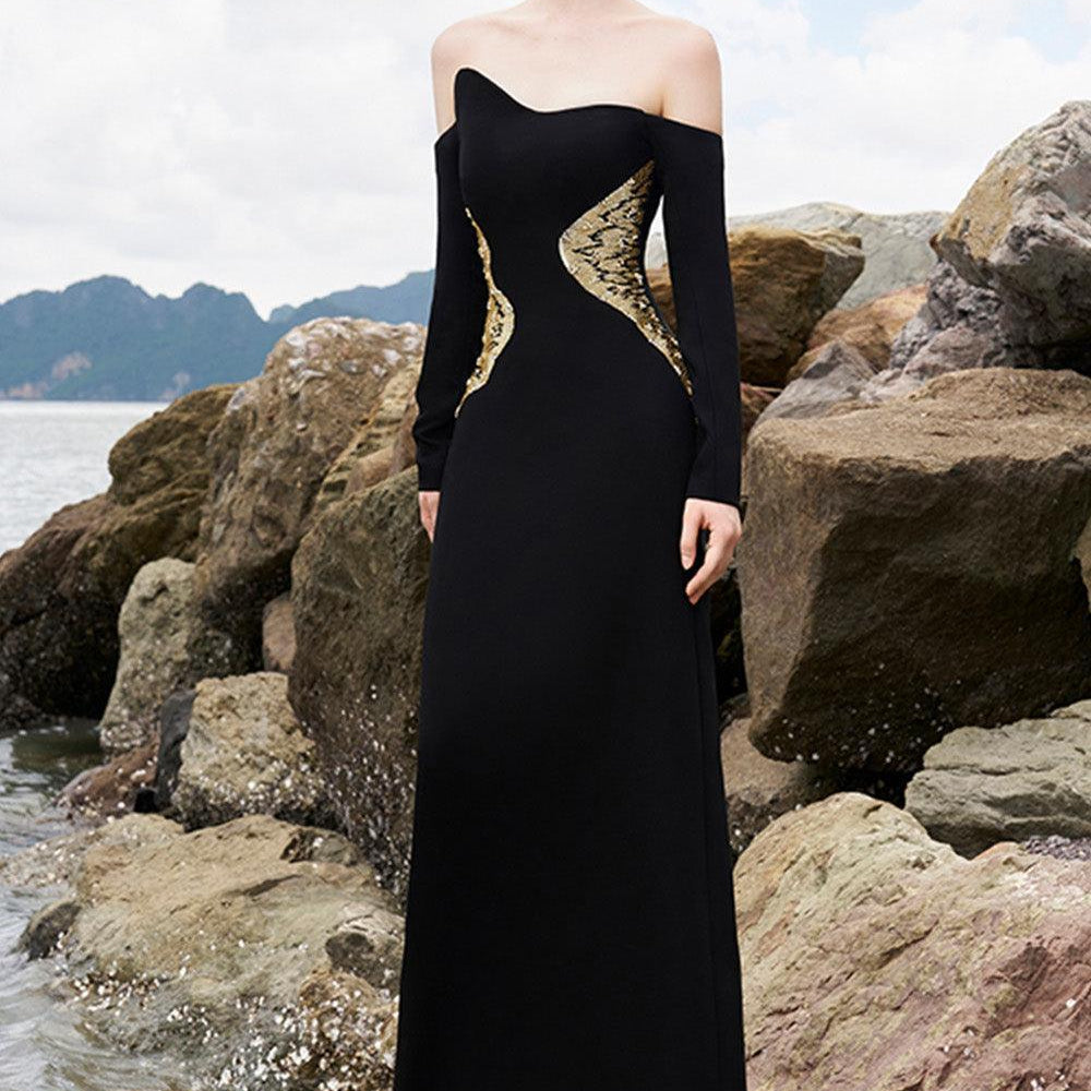 Hughes Sheath Curved Neck Crepe Floor Length Dress