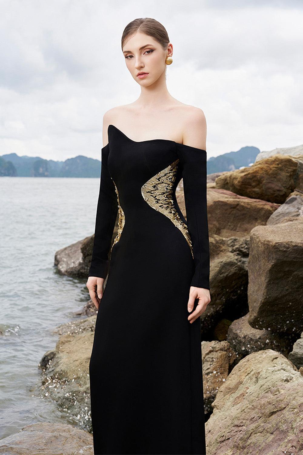 Hughes Sheath Curved Neck Crepe Floor Length Dress