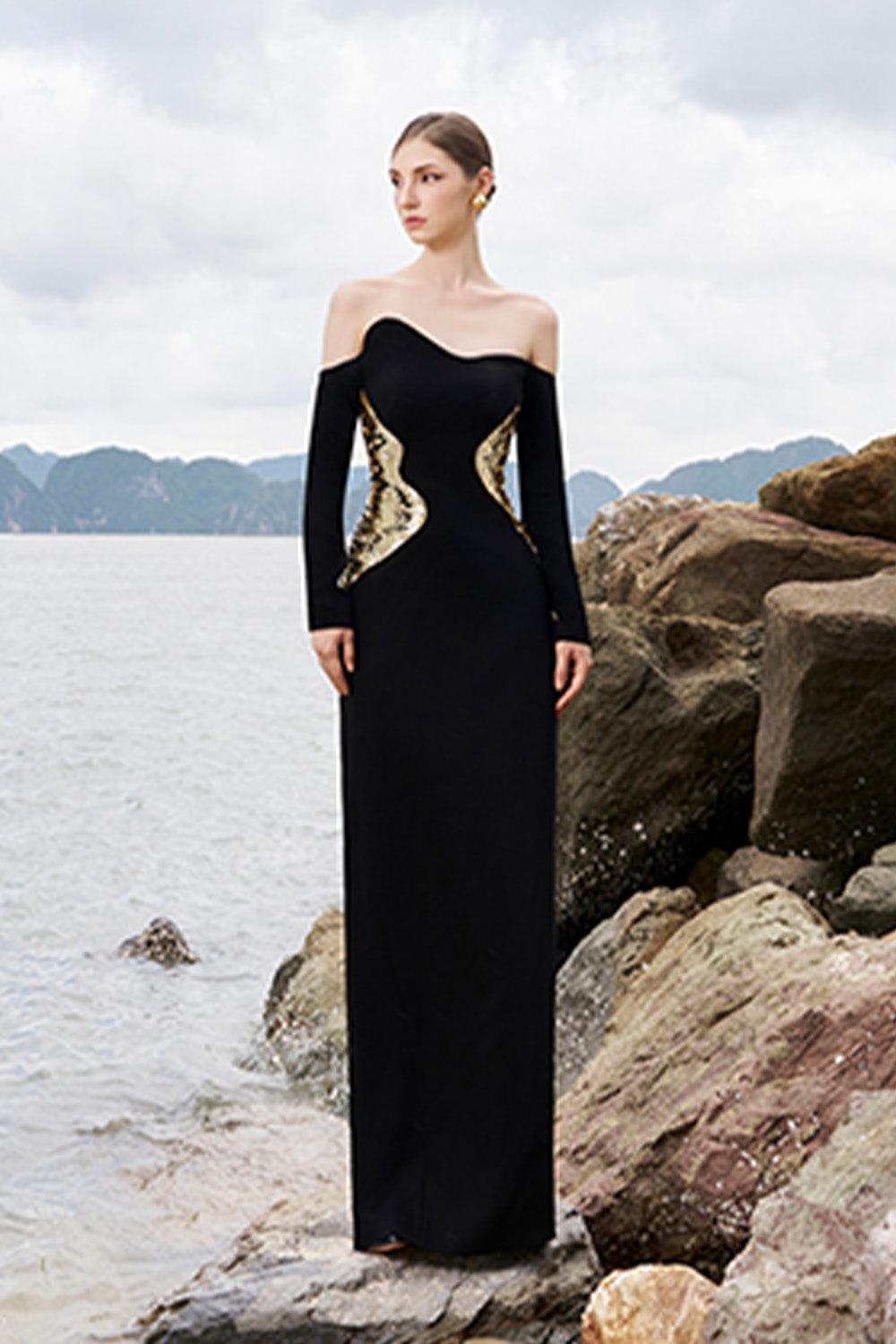 Hughes Sheath Curved Neck Crepe Floor Length Dress