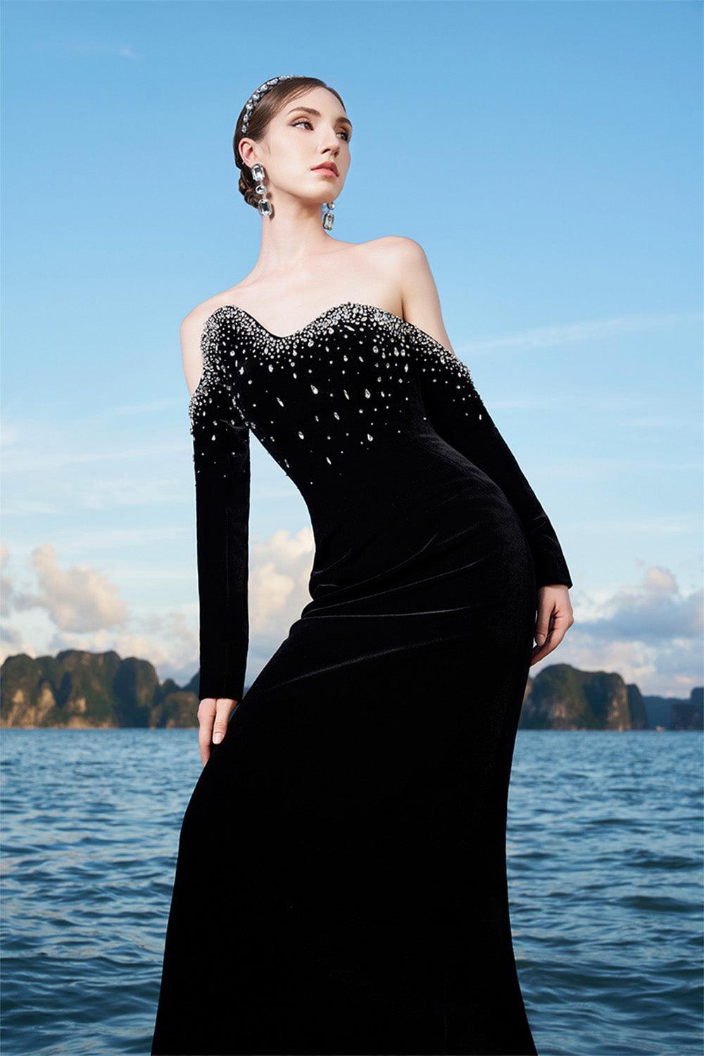 Lucero Sheath Asymmetric Neck Velvet Floor Length Dress