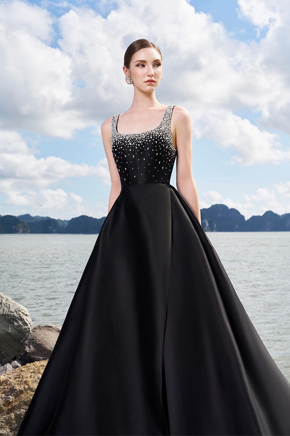 Isaiah Ball Gown Square Neck Crepe Floor Length Dress