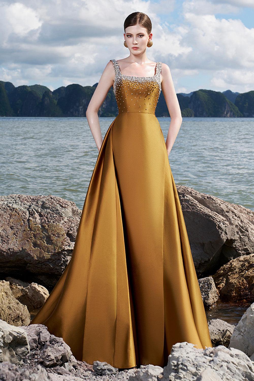Isaiah Ball Gown Square Neck Crepe Floor Length Dress