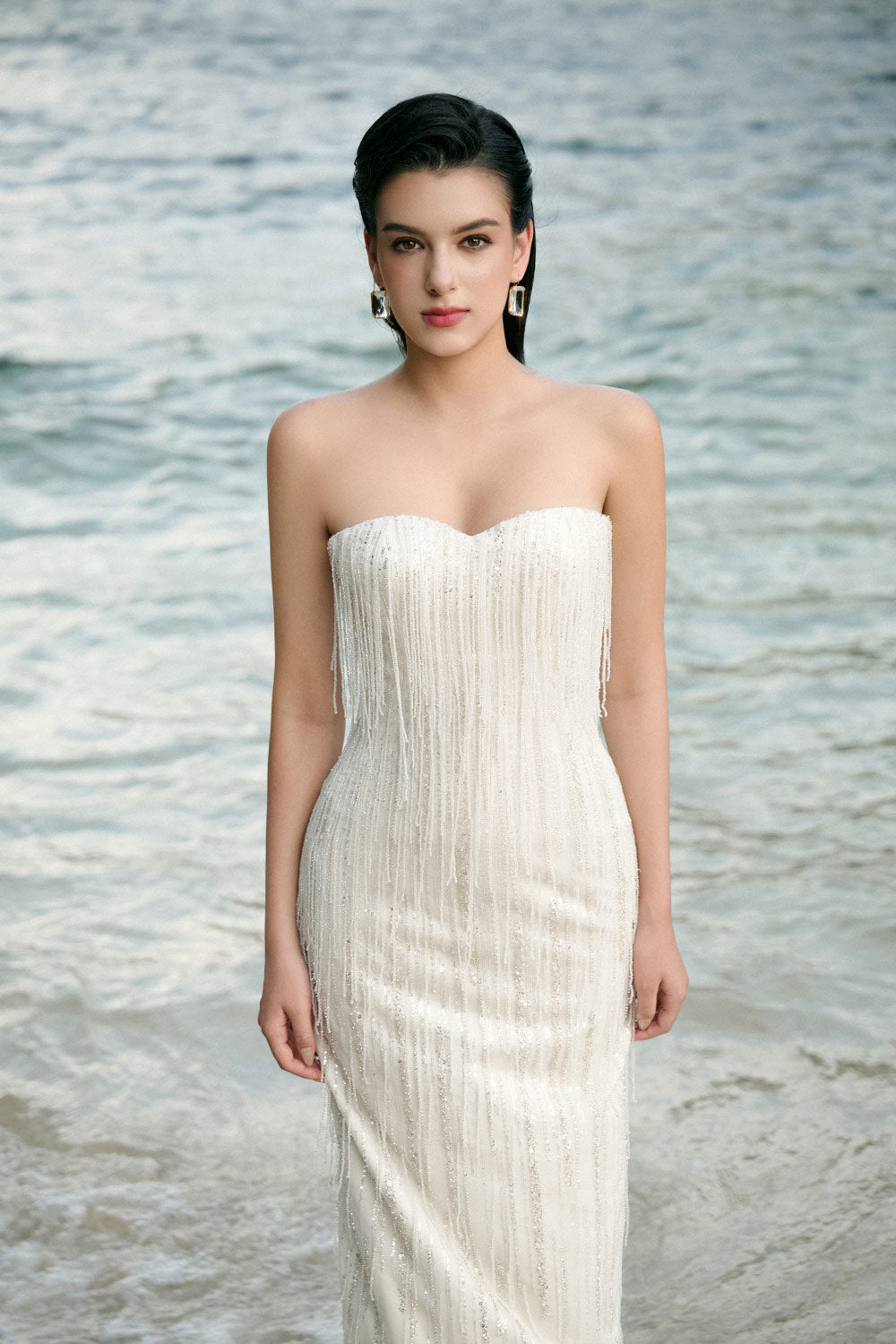 Marlowe Strapless Fringed Tulle Floor Length Dress