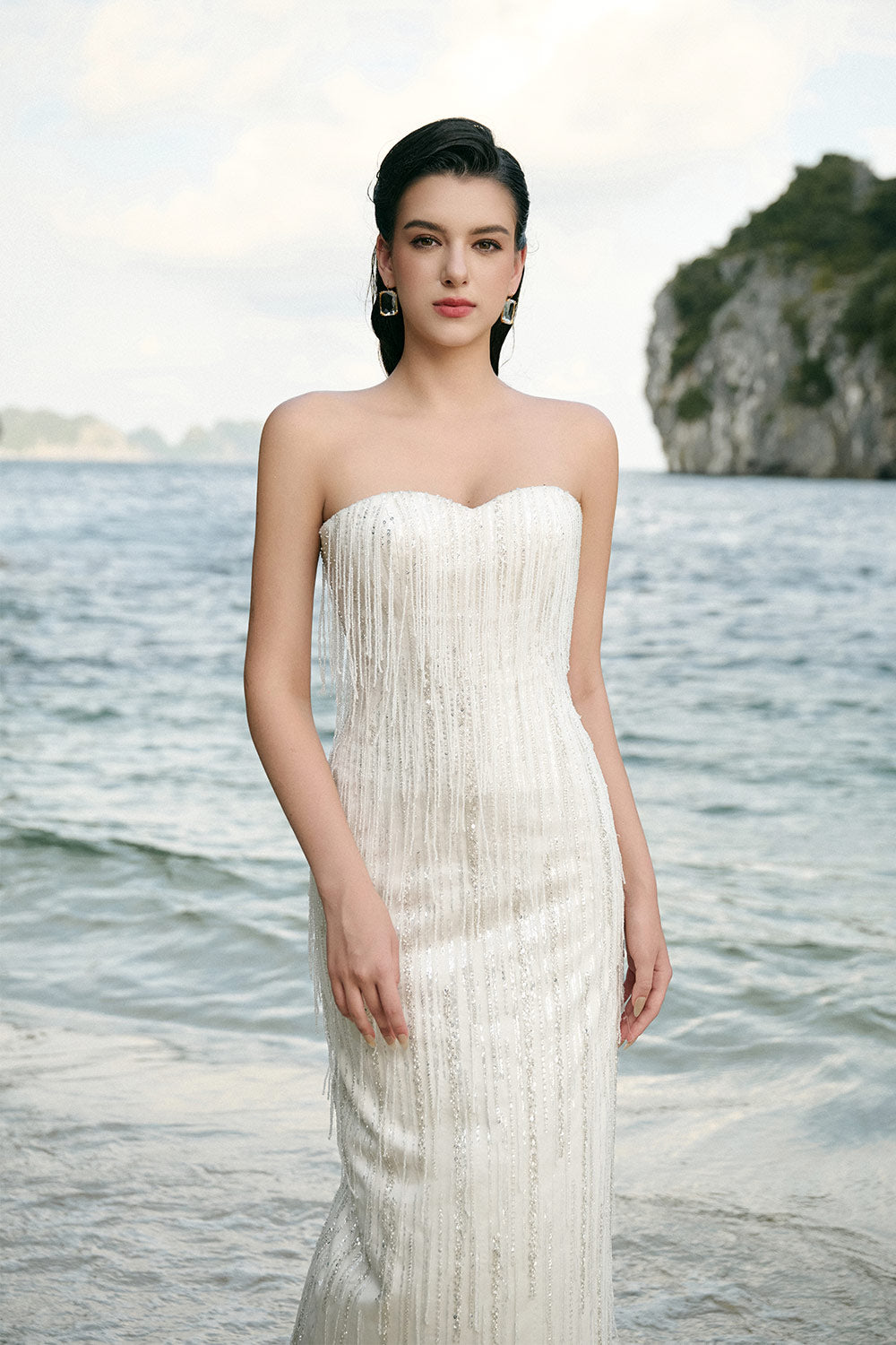 Marlowe Strapless Fringed Tulle Floor Length Dress