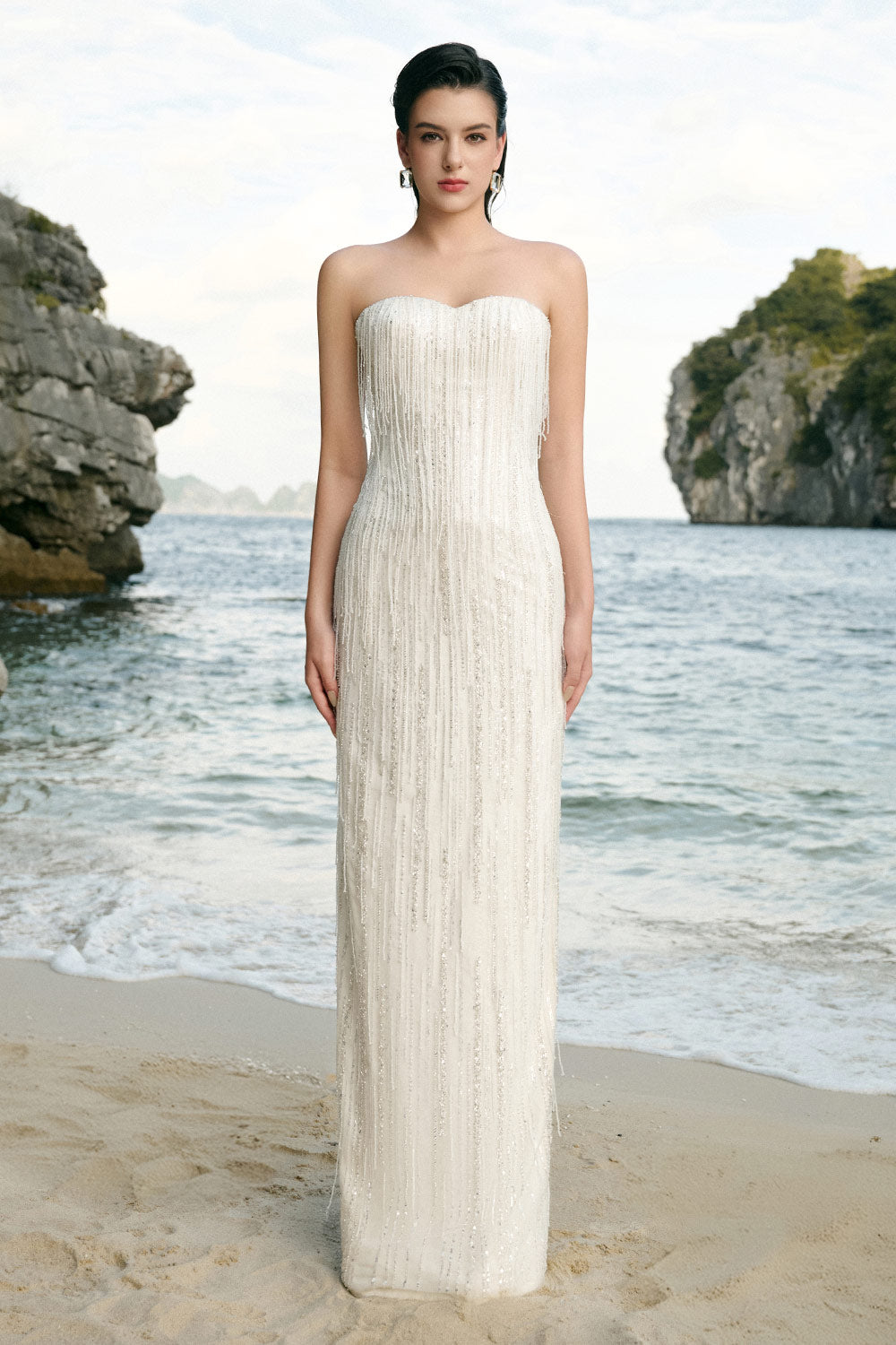 Marlowe Strapless Fringed Tulle Floor Length Dress