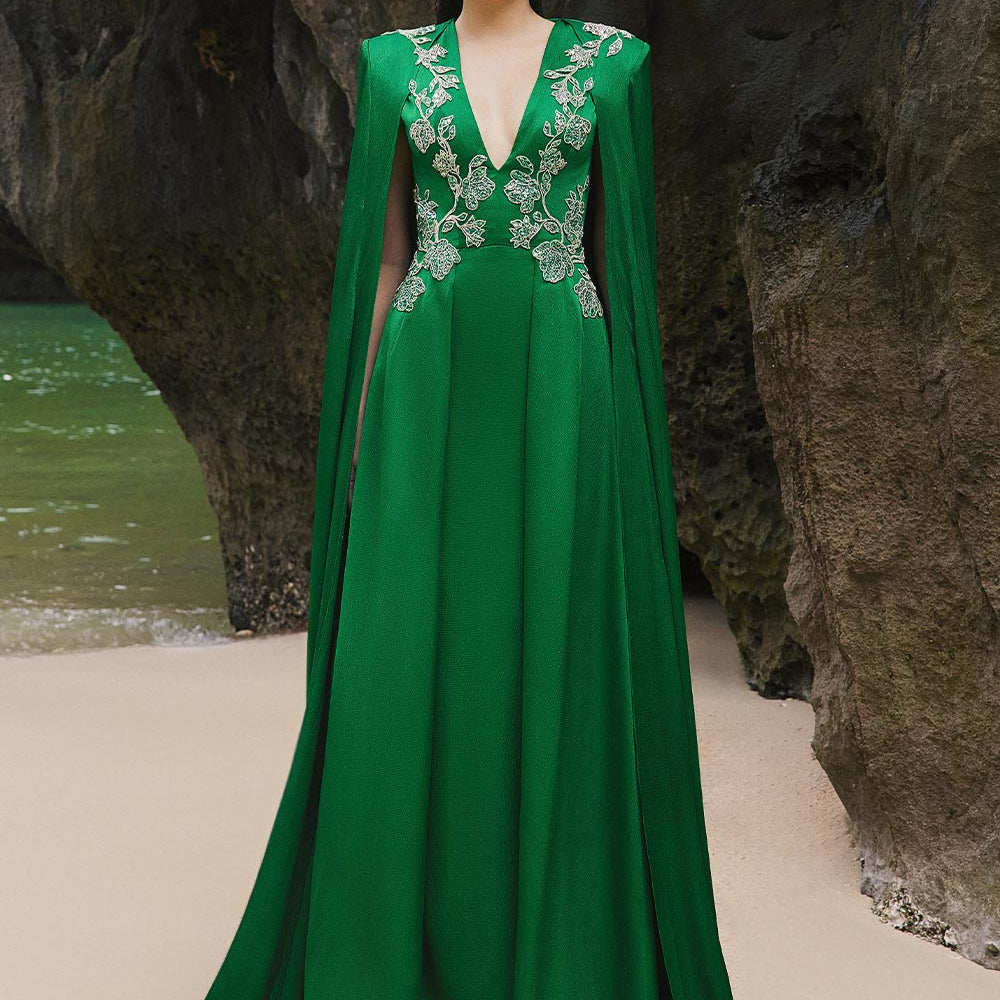 Jimena A-line Cape Sleeved Silk Extra Long Length Dress