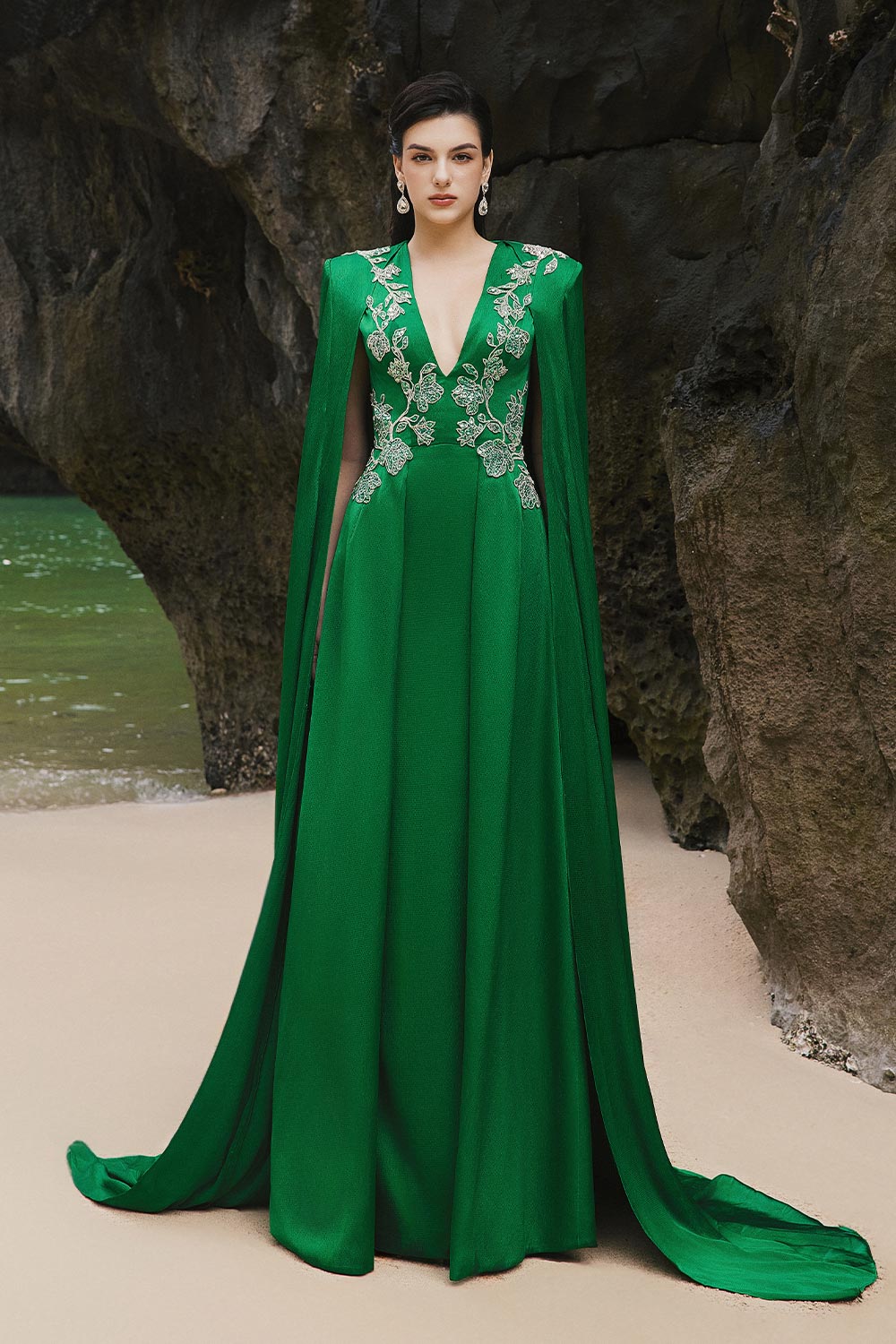 Jimena A-line Cape Sleeved Silk Extra Long Length Dress