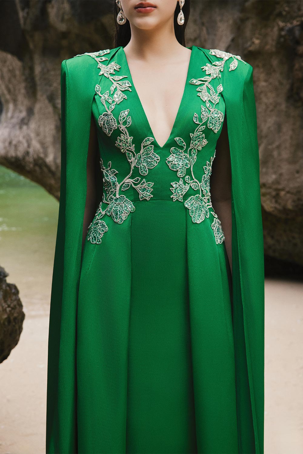 Jimena A-line Cape Sleeved Silk Extra Long Length Dress