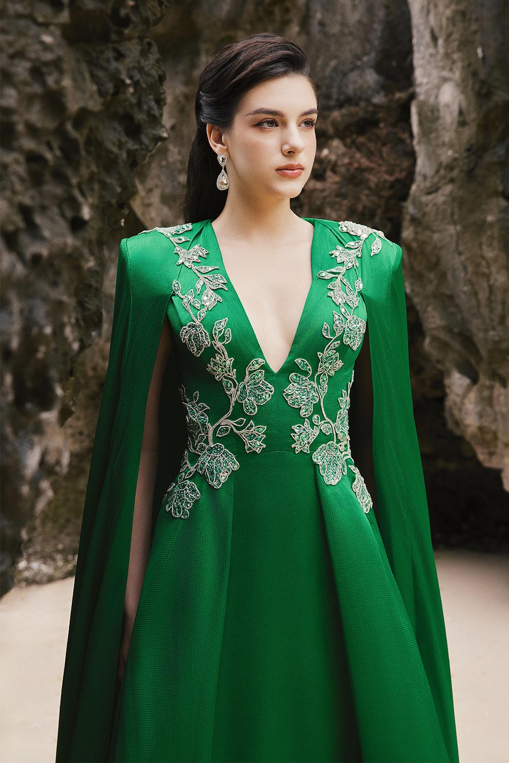 Jimena A-line Cape Sleeved Silk Extra Long Length Dress