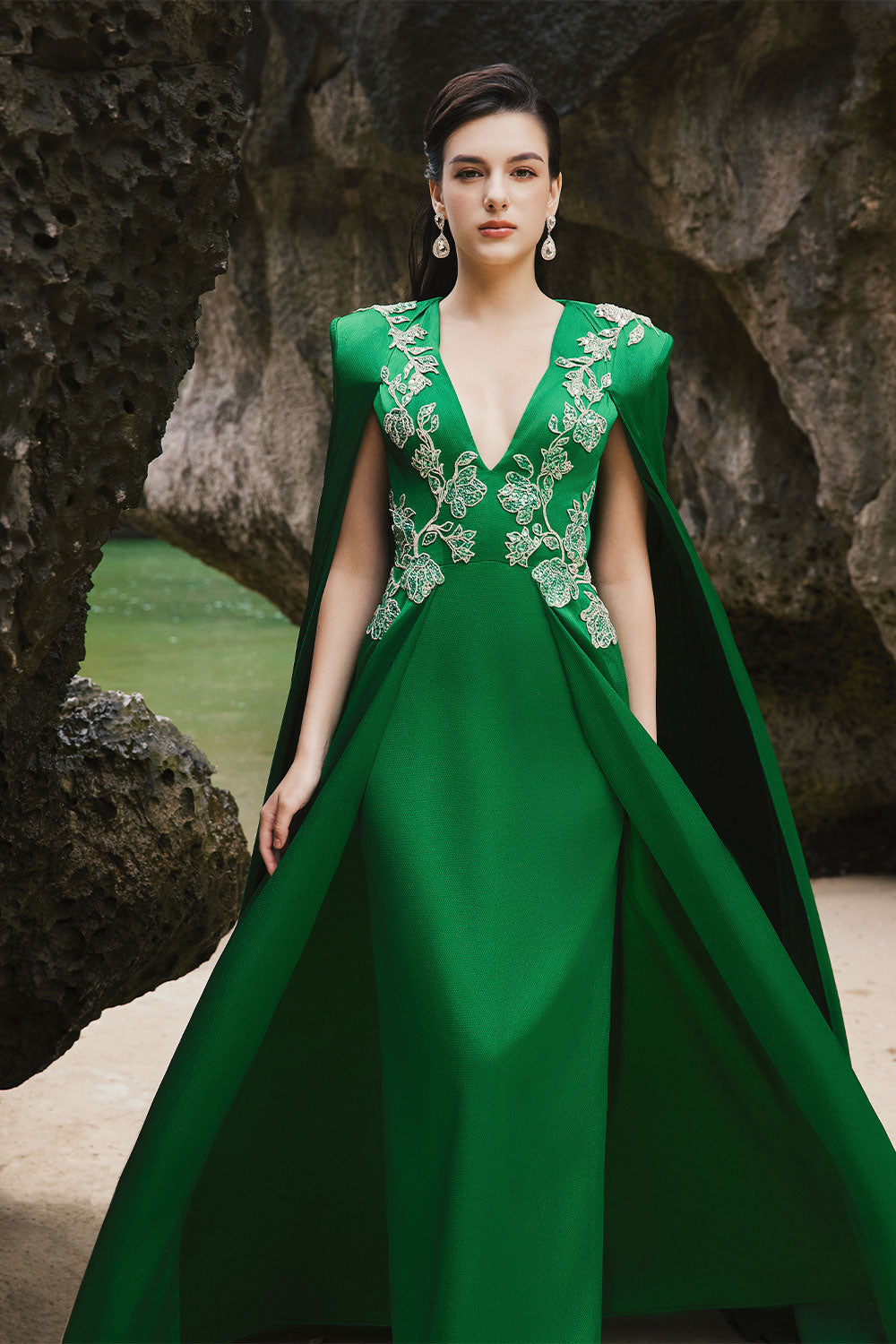 Jimena A-line Cape Sleeved Silk Extra Long Length Dress