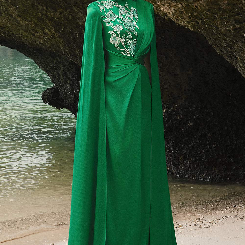 Elodie Cape Twisted Silk Floor Length Dress