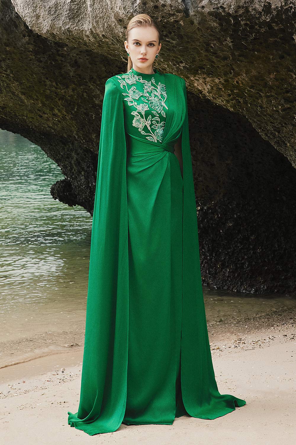 Elodie Cape Twisted Silk Floor Length Dress