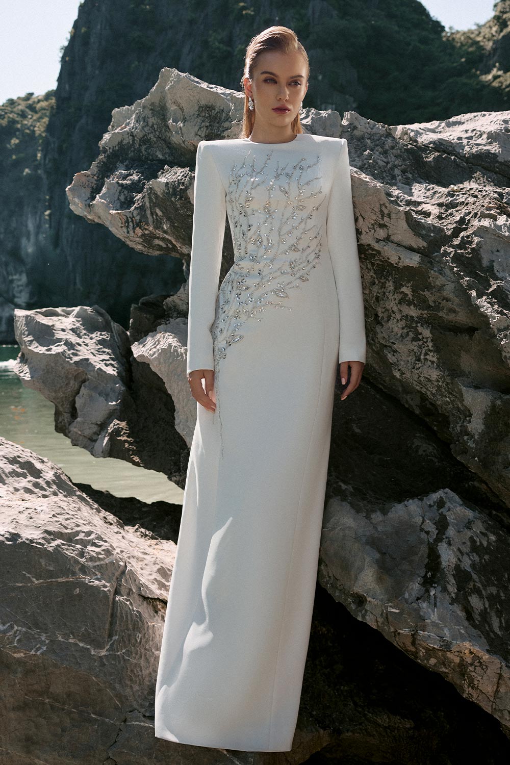 Leah Sheath Stone Velvet Satin Floor Length Dress