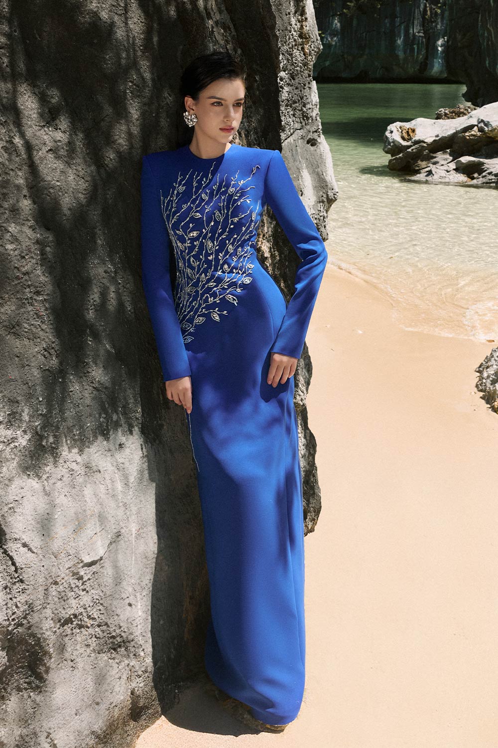 Leah Sheath Stone Velvet Satin Floor Length Dress