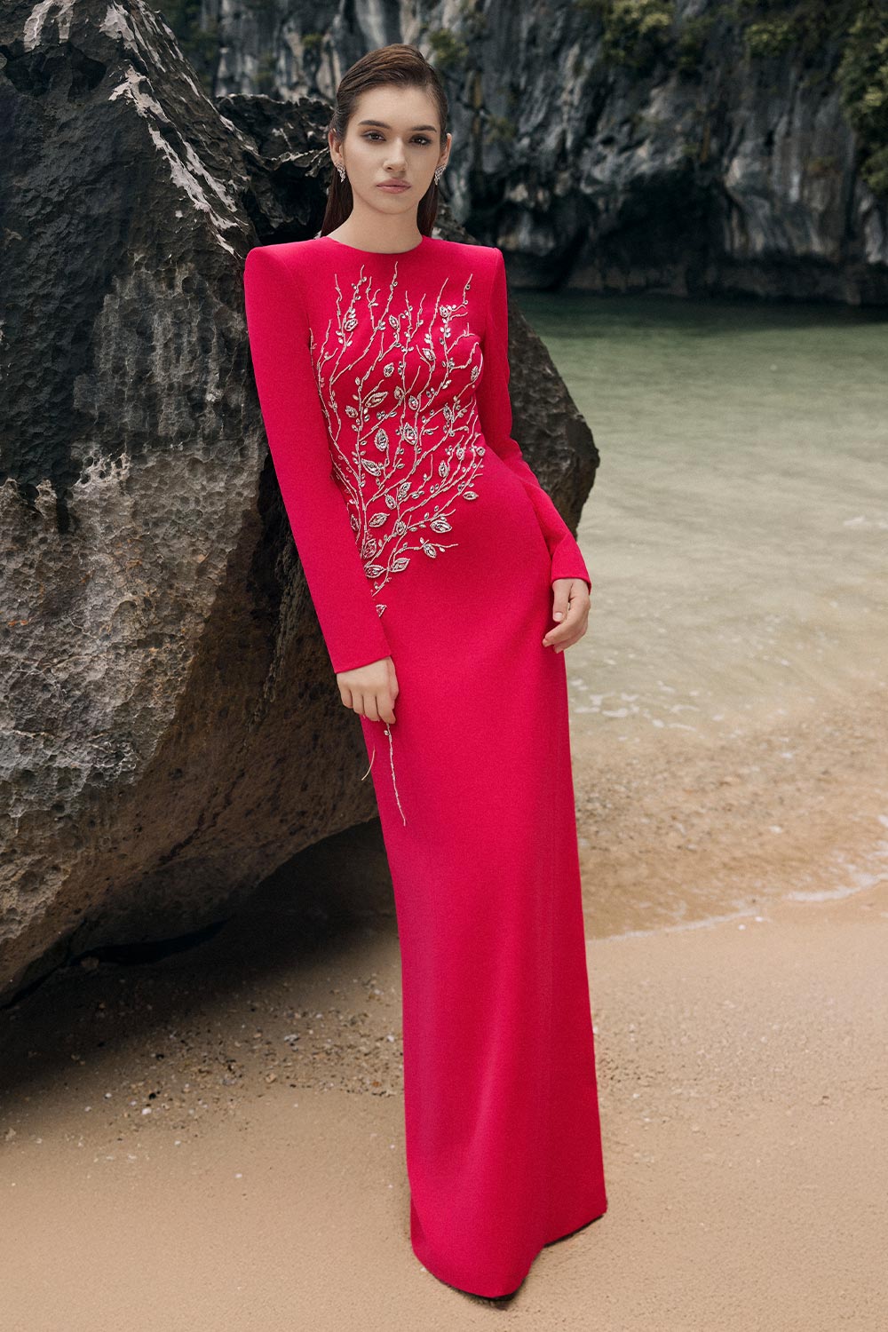 Leah Sheath Stone Velvet Satin Floor Length Dress